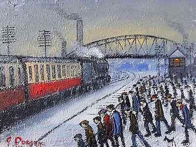 James Downie Original Oil Painting - Trainspotters Watching A Train In The Snow