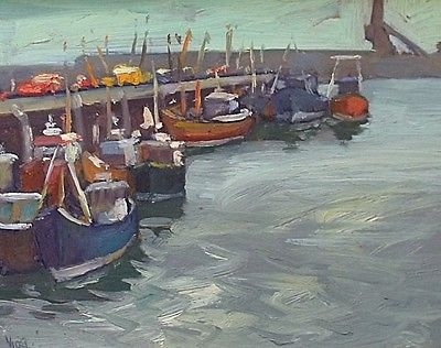 Antique Stylish Bob Vigg Original Oil Painting - Fishing Boats At Newlyn In Cornwall