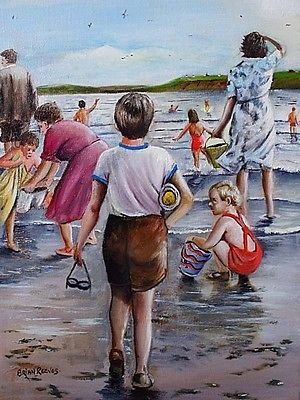 Antique Brian Reeves Oil Painting - A Day On The Beach (Children Playing In The Sea)