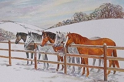 Frances Fry Watercolour Painting - Horses Standing In A Snowy Winters Landscape
