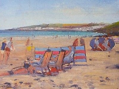 Superb David Rylance (St Ives School) Oil Painting - Beach Scene With People