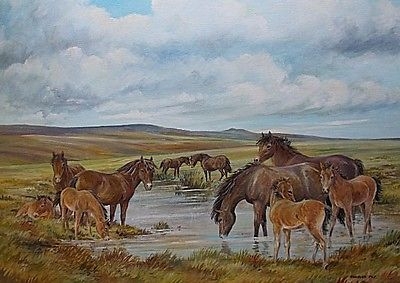 Antique Frances Fry Landscape Oil Painting - Exmoor Ponies (Horses) At A Pool On Exmoor