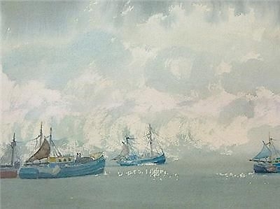 Antique Sybil Mullen Glover Coastal/Boats Watercolour Painting