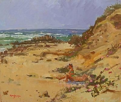 Superb Mary Jackson Oil Painting - Coastal Beach Landscape (Figures On A Beach)