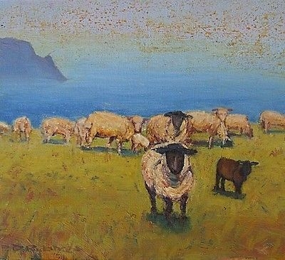 David Rylance Coastal Landscape Oil Painting - Sheep At Rosevine In Cornwall