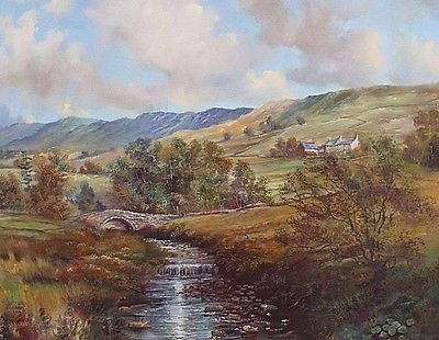 Antique Peter Bradshaw Oil Painting - Rural Countryside Landscape With River And Bridge