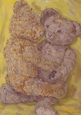Delightful Sheila Tiffin Oil Painting - Study Of Two Teddy Bears Hugging