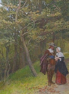 Andrew Carrick Gow Watercolour Painting - Figures (Cavalier) On A Woodland Path