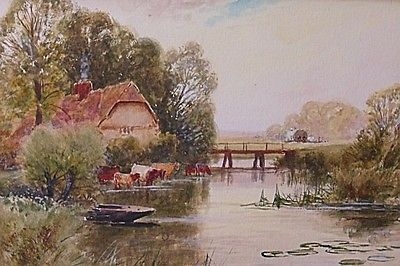 Henry John Kinnaird Landscape Watercolour Painting - The River Stour With Cattle