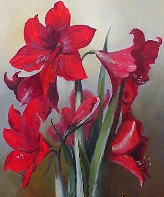 Antique Lena Elizabeth Tarpley Still Life Oil Painting Amaryllis Belladonna Lily Flowers