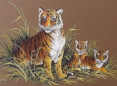 Frances Fry Original Gouache Painting - Tigress And Cubs Alerted - Wild Animals