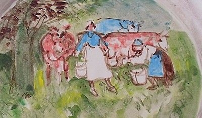 Rare Reg Gammon Blagdon Studio Pottery Plate / Dish - Women Milking Cows