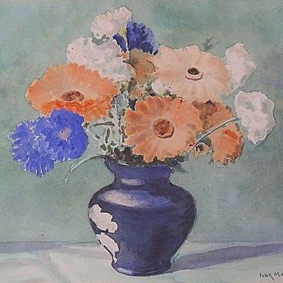 Ivor Mackenzie Original Still Life Watercolour Painting - Flowers In A Blue Vase