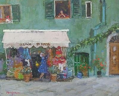 Antique Delightful Mary Jackson (RWS NEAC) Oil Painting Of A Flower Shop In Italy