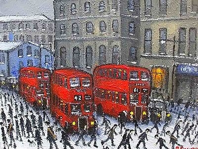 James Downie Oil Painting - Busy City (Town) Landscape With People & Red Buses