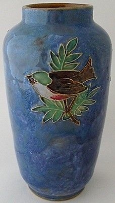 Antique Unusual Royal Doulton Stoneware Vase With A Bird On A Branch Design
