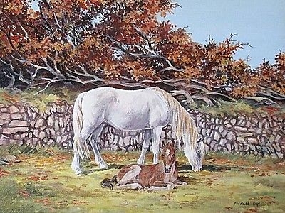 Frances Fry Oil Painting - Pony (Horse) & Foal By A Stone Wall & Beech Hedge