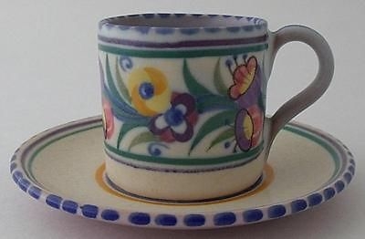 Antique Rare Early Poole Pottery EE Fuchsia Cup And Saucer Duo By Ruth Pavely - Art Deco