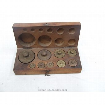 Antique Wooden box with set of nine weights