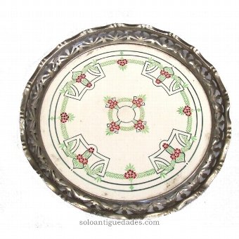 Antique Round tray with geometric and plant