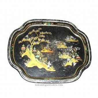 Antique Metal tray with oriental scene