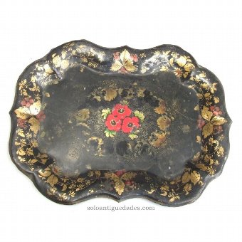 Antique Metal tray with red flowers