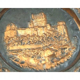 Antique Brass tray embossed castle