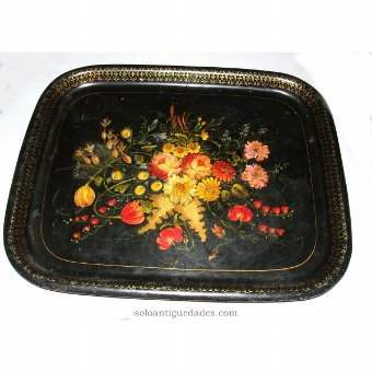 Antique Metal tray with colored motifs