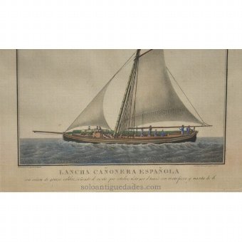 Antique Etching "Spanish gunboat Boat"