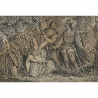 Antique Engraving "Genevieva softens his executioners"