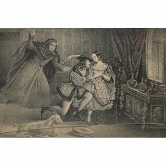 Antique Engraving "Claude Frollo murders Phoebus Esmeralda dans arms"