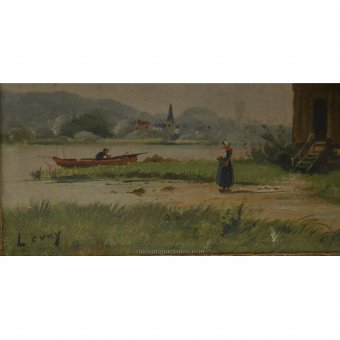 Antique Oil landscape with mill