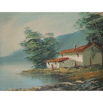 Antique Oil on canvas landscape with house