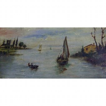 Antique Oil on board with landscape with river