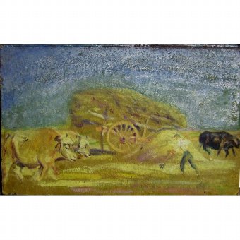 Oil on cardboard with agricultural scene