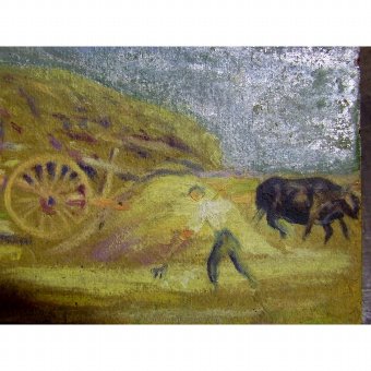 Antique Oil on cardboard with agricultural scene