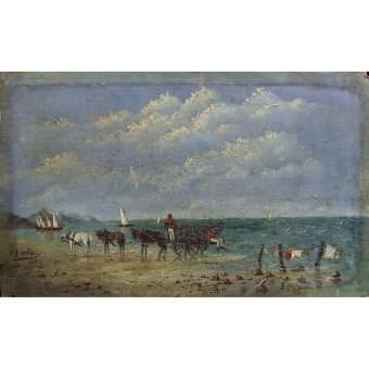 Oil on cardboard with beach scenery