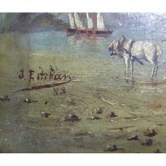Antique Oil on cardboard with beach scenery
