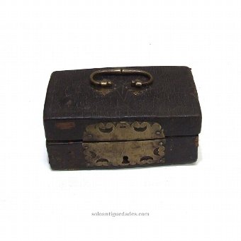 Old leather box lined with metal handle
