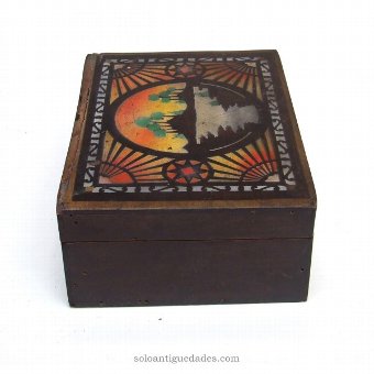 Antique Wooden box decorated with polychrome landscape