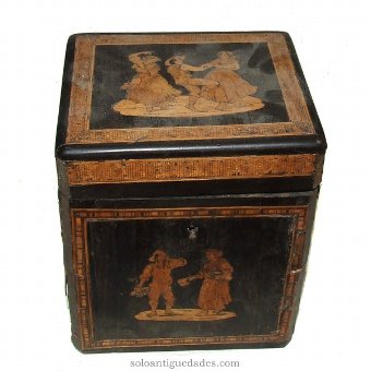Collection box in marquetry peasant scenes