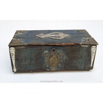 Wooden box lined with blue fabric