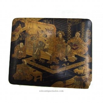 Antique Antigua collection box with oriental scene