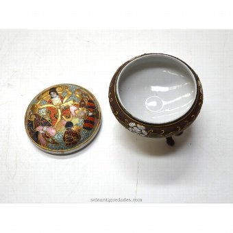 Antique Glazed ceramic box with oriental scene