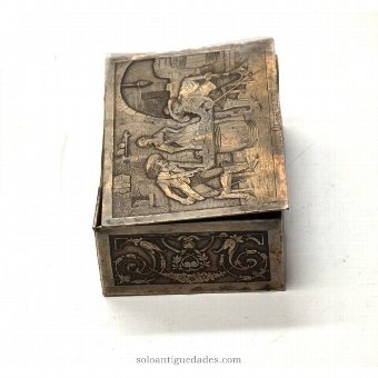 Antique Old metal box with tavern scene