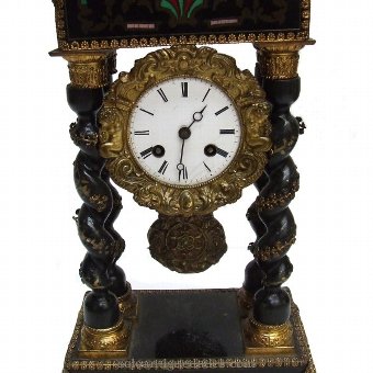 Antique French portico clock with inlaid polychrome