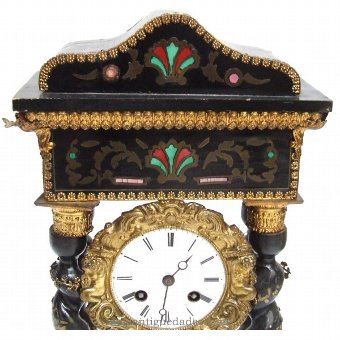 Antique French portico clock with inlaid polychrome