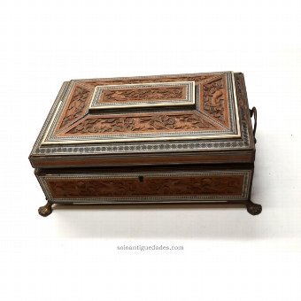 Antigua collection box carved wood and metal
