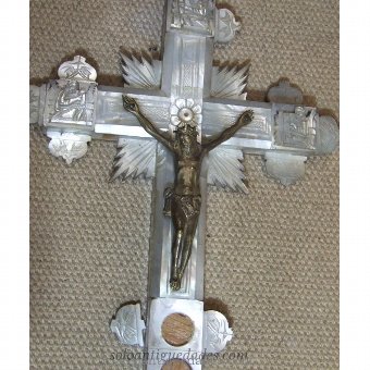 Antique Pearl and bronze crucifix on wood