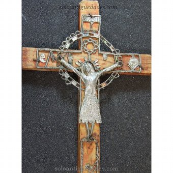 Antique Polychrome wooden cross and silver